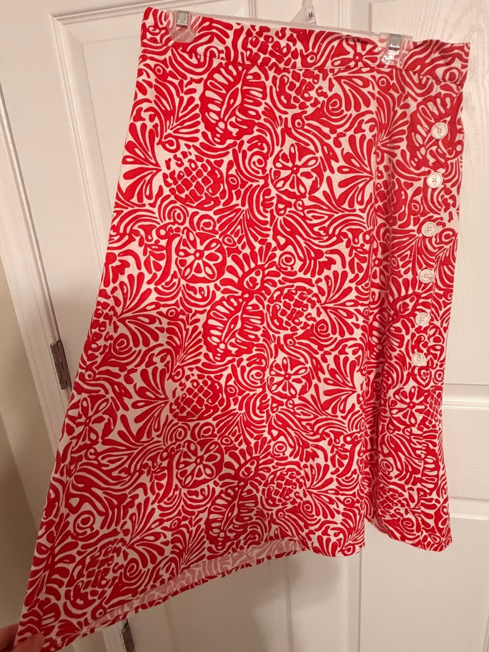 LOFT Red and White Printed A-Line Skirt with Side Buttons